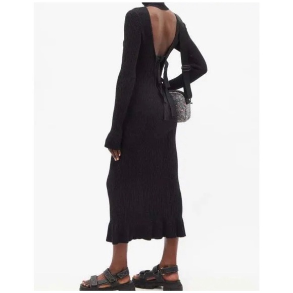 Ganni Open-Back Ruffled Rib-Knit Midi Dress dark navy sz medium NWT - Picture 4 of 16